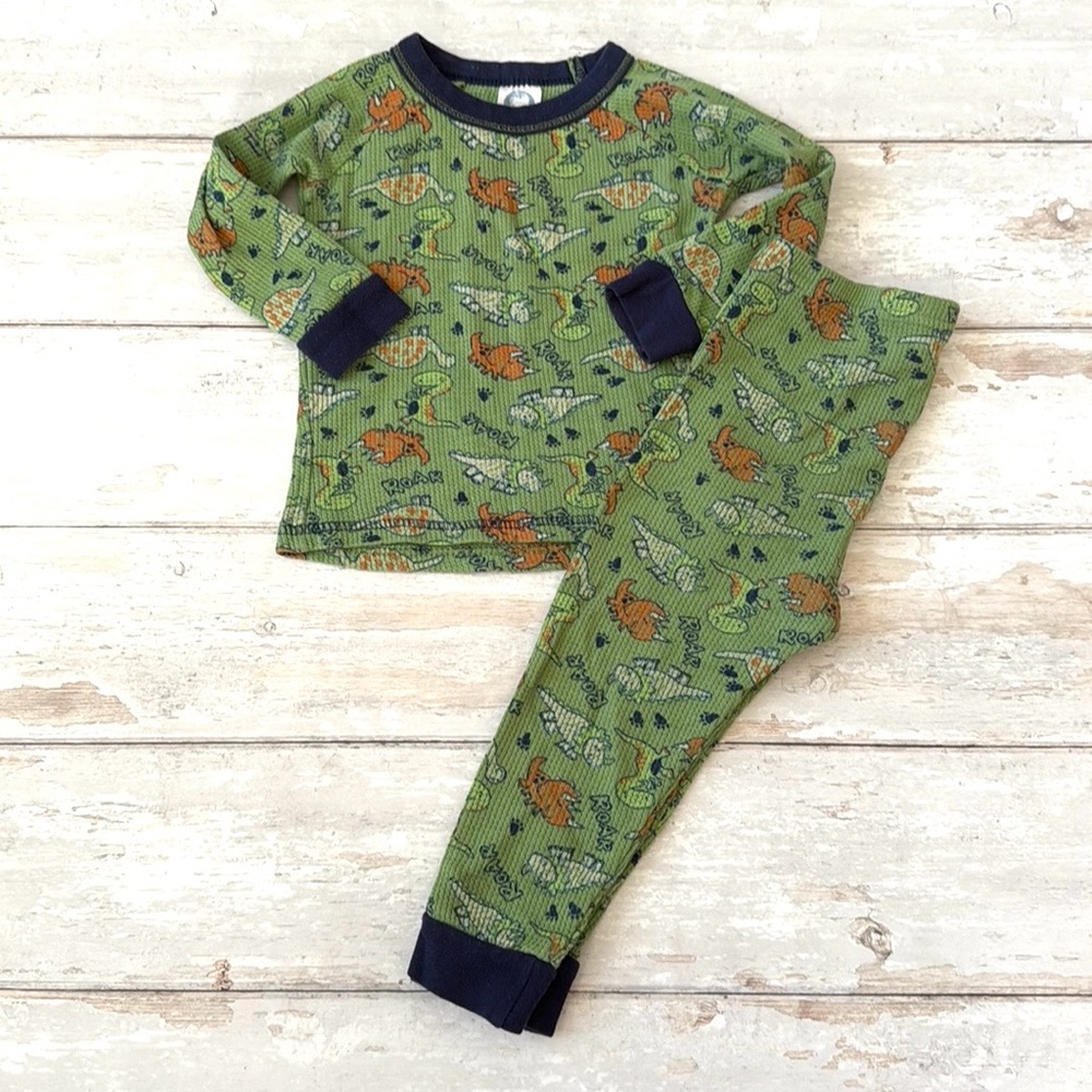 Boys 18m Baby Toddler 2 Piece Pajamas Set Dinosaurs Thermal Green Blue Pjs